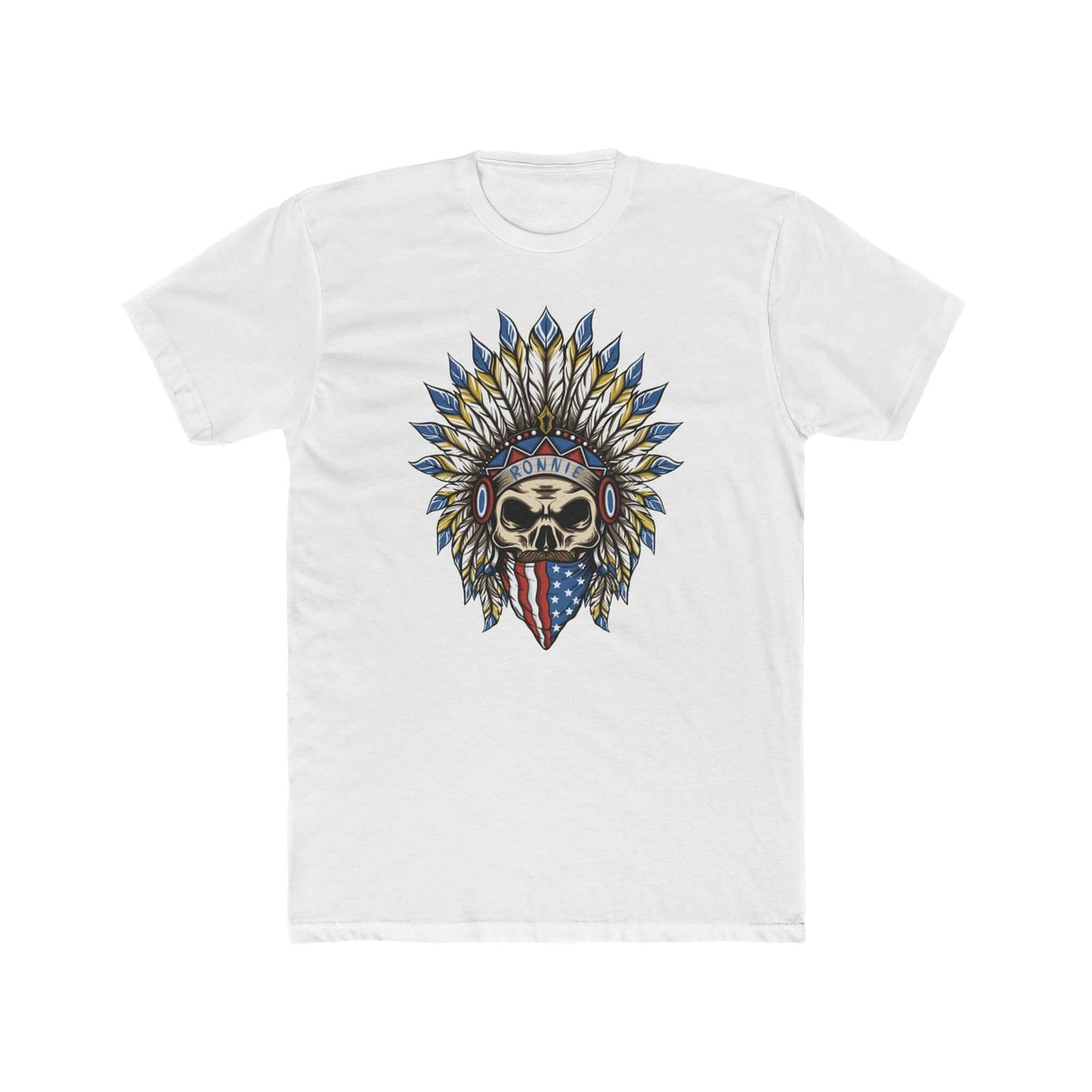 Skeleton Ronnie Mac shirt with American bandana and feathered hat design for motocross fans.