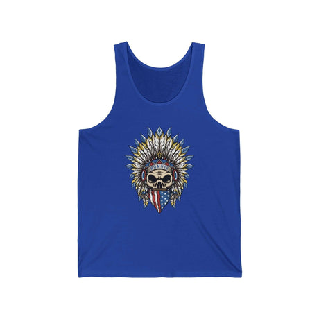 Blue Skeleton Ronnie Mac Head Tank Top with American bandana and feathered hat design for motocross enthusiasts.