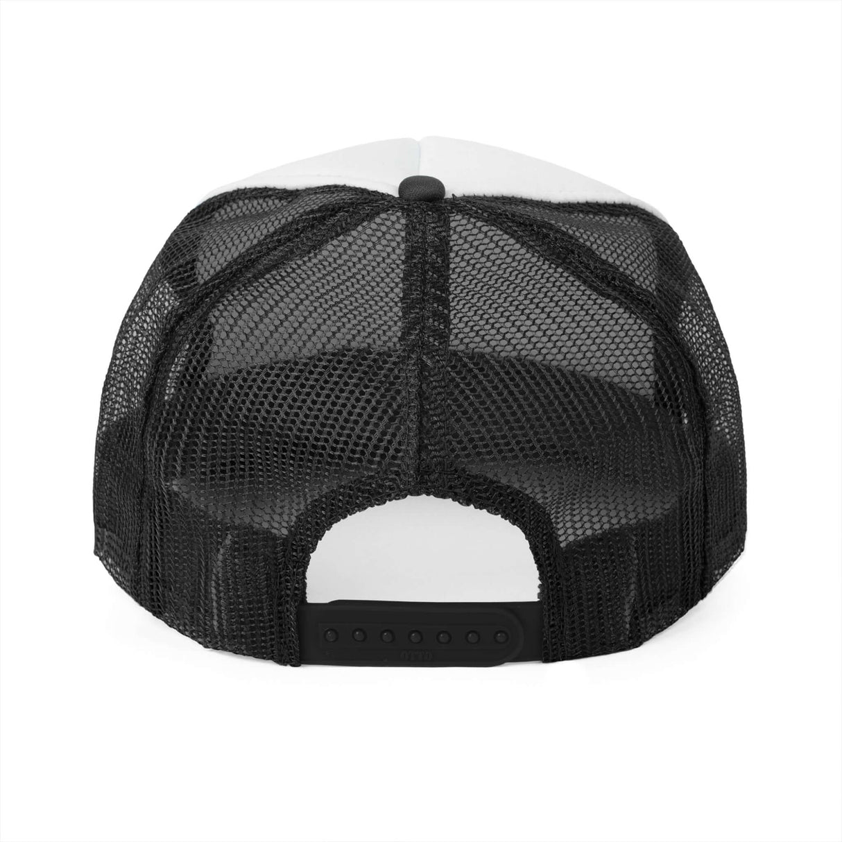 Back view of a black mesh trucker hat with adjustable strap, showcasing breathable design and classic style.