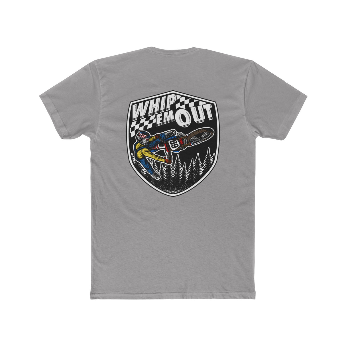 Whip 'Em Out stunt shirt with Ronnie Mac 69 design performing bike stunt, featuring bold graphics on a gray background.