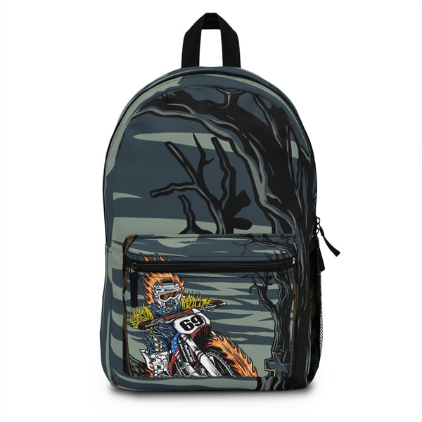 Ghost Rider Ronnie Mac Backpack featuring motorcycle and flaming skeleton design against a dark, eerie background.