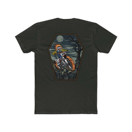 Ghost Rider Ronnie Mac shirt featuring flaming skeleton riding through dark forest on a motorcycle.