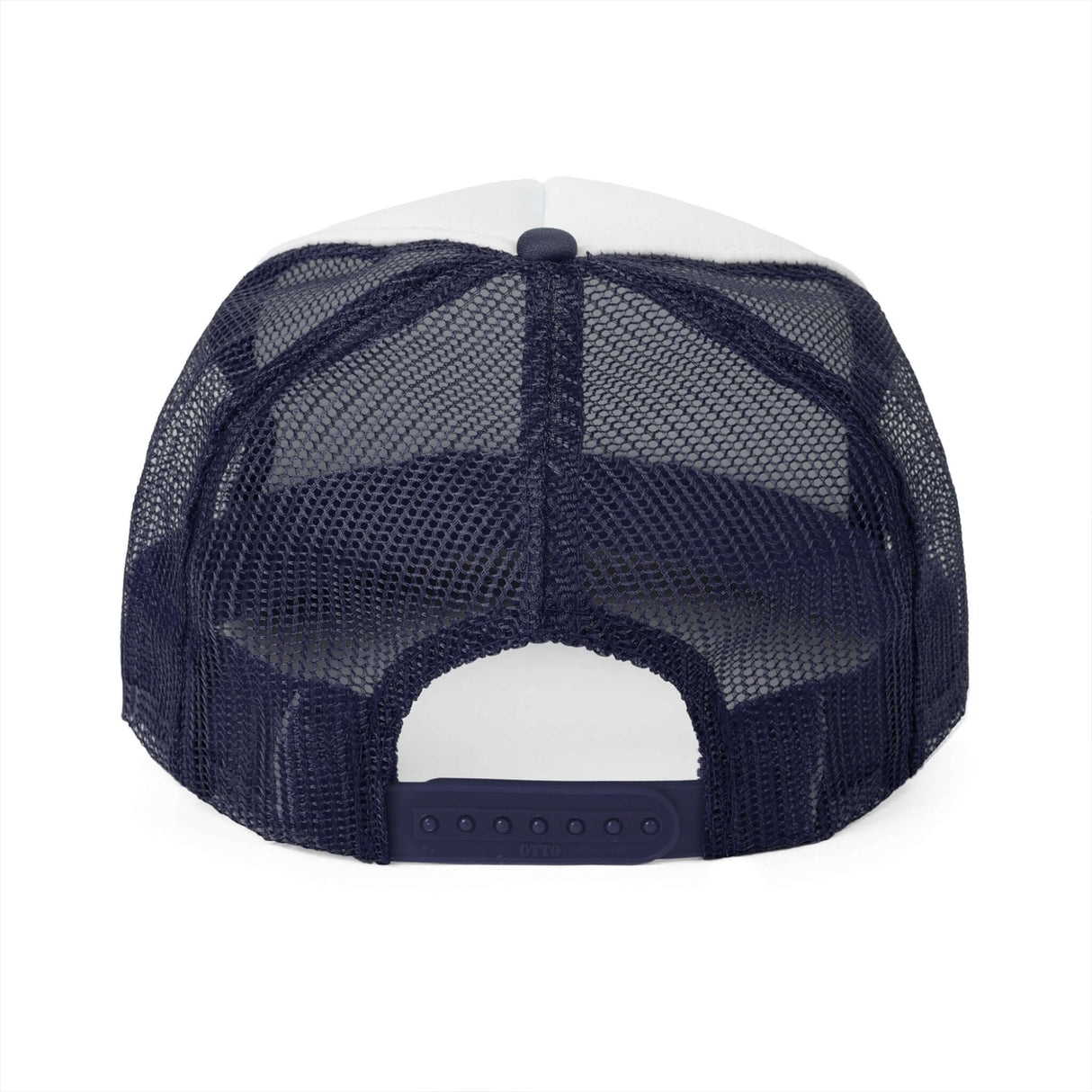 rear view of a navy mesh trucker hat with adjustable snapback closure