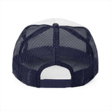 rear view of a navy mesh trucker hat with adjustable snapback closure