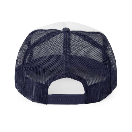 rear view of a navy mesh trucker hat with adjustable snapback closure