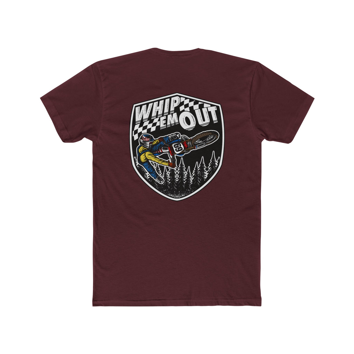 Maroon shirt featuring a dirt bike stunt design with "Whip 'Em Out" slogan and Ronnie Mac illustration on the back.