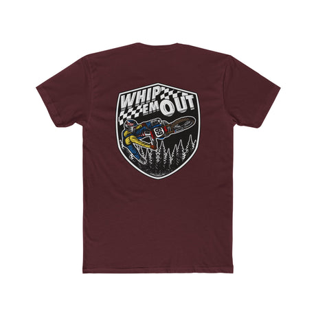 Maroon shirt featuring a dirt bike stunt design with "Whip 'Em Out" slogan and Ronnie Mac illustration on the back.