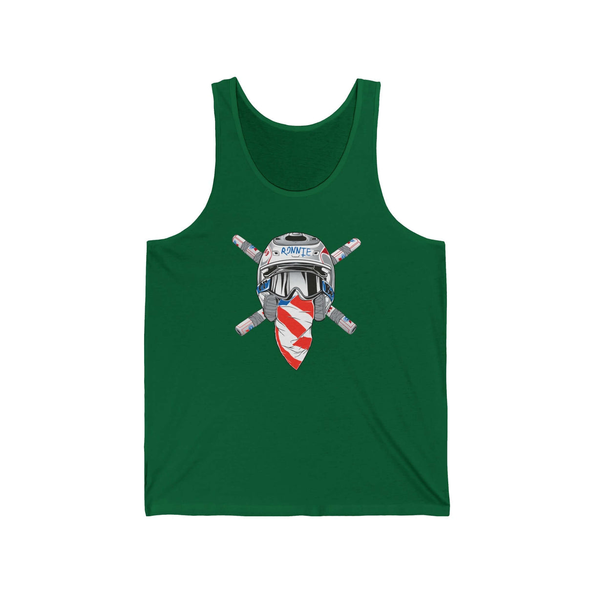 Green tank top featuring Ronnie Mac crossbones logo and retro helmet design, perfect for motocross enthusiasts.