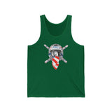 Green tank top featuring Ronnie Mac crossbones logo and retro helmet design, perfect for motocross enthusiasts.