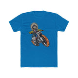 Ronnie Mac King of Moto T-Shirt featuring skeleton rider in flames, blue tee.