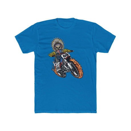 Ronnie Mac King of Moto T-Shirt featuring skeleton rider in flames, blue tee.