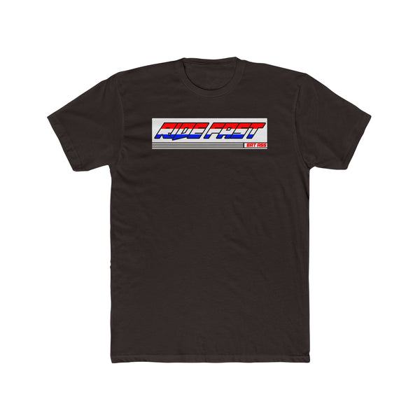 "Ride Fast Eat Ass T-Shirt from Ronnie Mac's collection featuring bold red, blue, and white text on a black shirt for rebellious spirits"