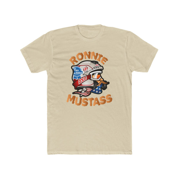 Ronnie MUSTASS T-Shirt with cartoon graphic, featuring Ronnie Mac's face and bold caption on beige fabric.