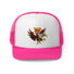 Trump-inspired pink trucker hat featuring an eagle design and celebrating patriotism and leadership.