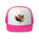 Trump-inspired pink trucker hat featuring an eagle design and celebrating patriotism and leadership.