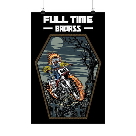 Full Time Badass Ghost Rider Ronnie Mac poster with flaming skeleton head on a motorcycle, surrounded by tombstones and a dark tree