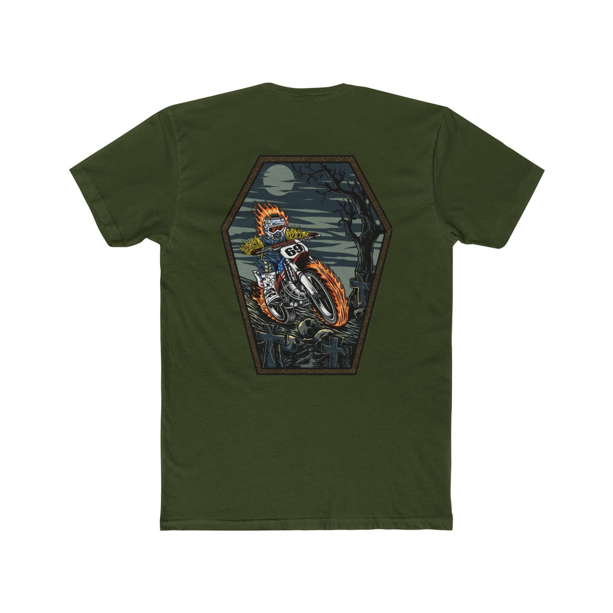 Olive green shirt featuring a flaming skeleton rider on a dirt bike, designed in a coffin-shaped frame with a nighttime backdrop.