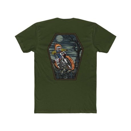 Olive green shirt featuring a flaming skeleton rider on a dirt bike, designed in a coffin-shaped frame with a nighttime backdrop.