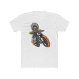 "Ronnie Mac Ghost Rider King of Moto T-Shirt with skeleton rider design, fiery wheels, and vibrant headdress on a white shirt"