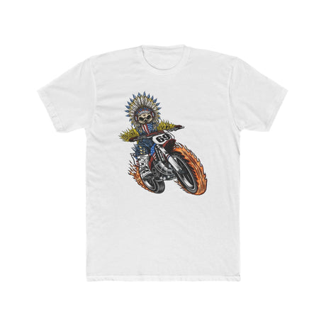 "Ronnie Mac Ghost Rider King of Moto T-Shirt with skeleton rider design, fiery wheels, and vibrant headdress on a white shirt"
