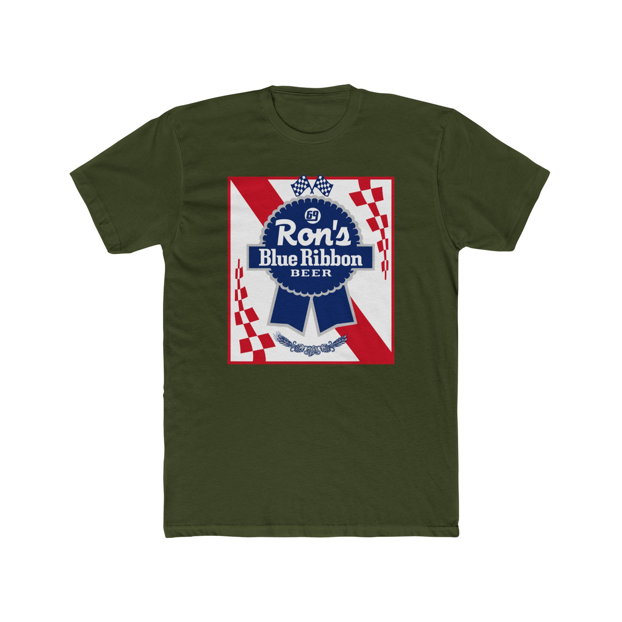 Rons Blue Ribbon Beer shirt featuring retro logo on olive green fabric, celebrating classic beer nostalgia.