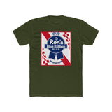 Rons Blue Ribbon Beer shirt featuring retro logo on olive green fabric, celebrating classic beer nostalgia.
