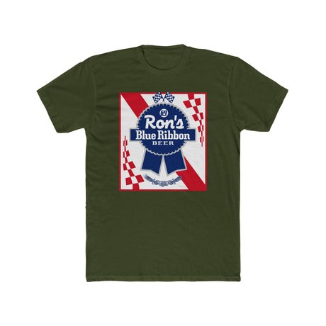Rons Blue Ribbon Beer shirt featuring retro logo on olive green fabric, celebrating classic beer nostalgia.