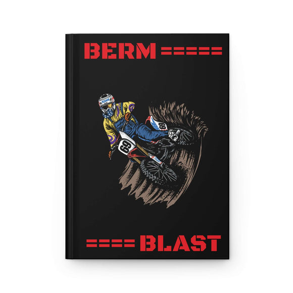 Berm Blast Hardcover Journal featuring a high-resolution graphic of dirt biker Ronnie Mac in action on a black cover.