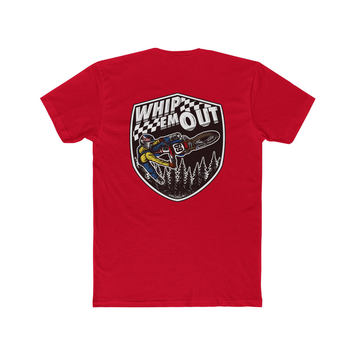 Red "Whip 'Em Out" shirt featuring a stunt design with a dirt bike rider in action against a forest backdrop.