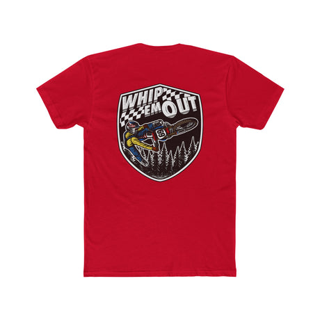 Red "Whip 'Em Out" shirt featuring a stunt design with a dirt bike rider in action against a forest backdrop.