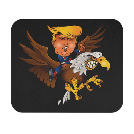 Trump cartoon riding a fierce eagle mouse pad, enhancing workspace style and productivity.