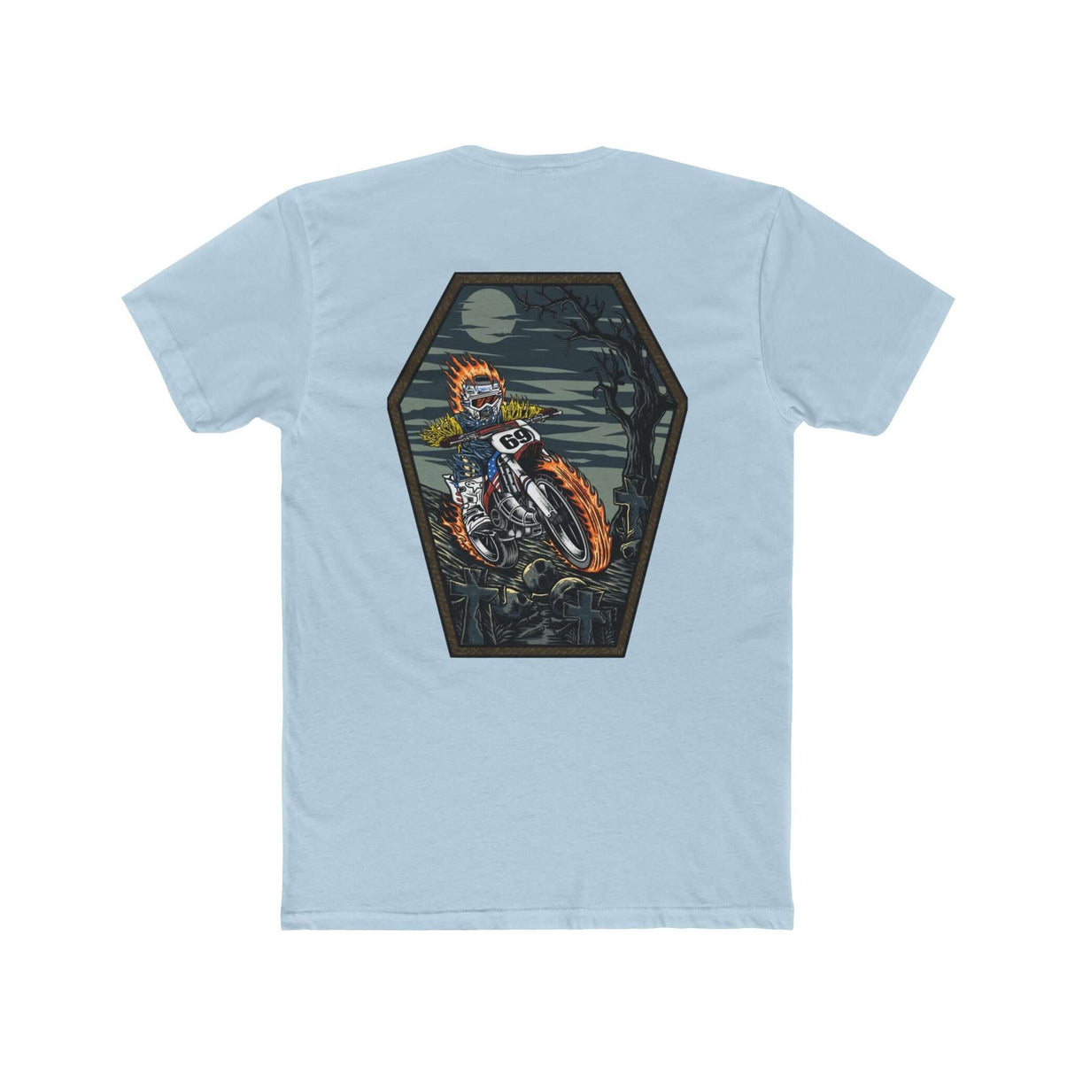 Ghost Rider Ronnie Mac shirt with fiery motorcycle skeleton design on a light blue tee