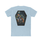 Ghost Rider Ronnie Mac shirt with fiery motorcycle skeleton design on a light blue tee