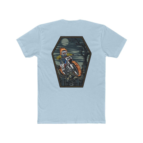 Ghost Rider Ronnie Mac shirt with fiery motorcycle skeleton design on a light blue tee