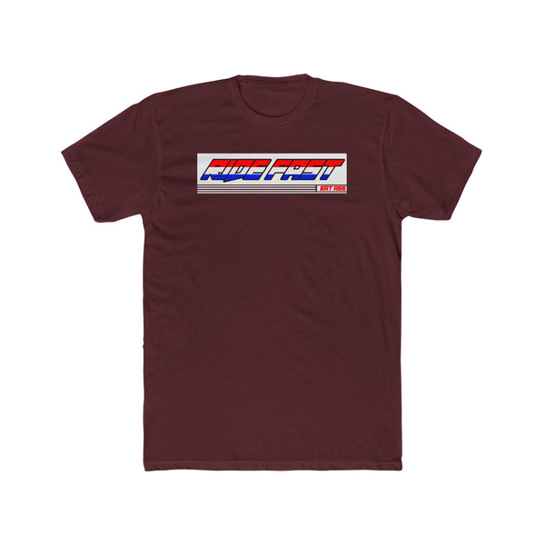 Ronnie Mac Ride Fast, Eat Ass T-Shirt in maroon with bold slogan across the chest showcasing rebellious spirit.