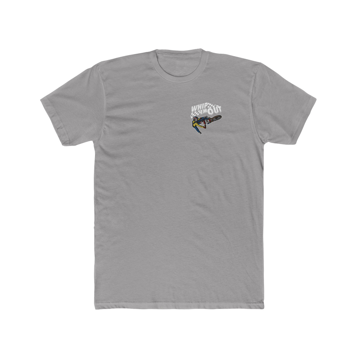 Gray "Whip 'Em Out" shirt featuring a design of a dirt bike stunt by Ronnie Mac 69 on the chest.