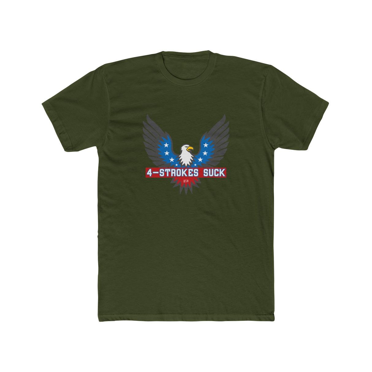 4-Strokes Suck Screamin Eagle Bird Shirt in olive green with eagle graphic and stars design. Perfect for 2-stroke enthusiasts.