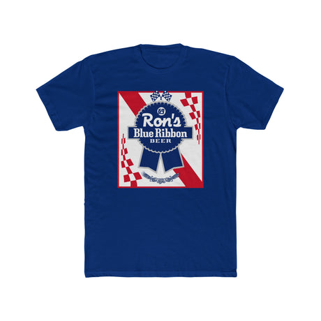Rons Blue Ribbon Beer shirt in blue featuring a vintage-inspired design with a beer logo. Perfect for fans of Pabst Blue Ribbon.