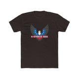 Black t-shirt featuring "4-Strokes Suck" graphic with eagle and stars design, showcasing 2-stroke motorcycle enthusiasm.