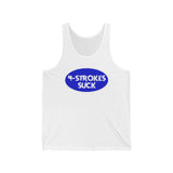 "4-Strokes Suck" white tank top with blue oval design and white text for two-stroke enthusiasts from Ronnie Mac's store