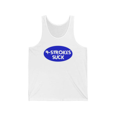 "4-Strokes Suck" white tank top with blue oval design and white text for two-stroke enthusiasts from Ronnie Mac's store