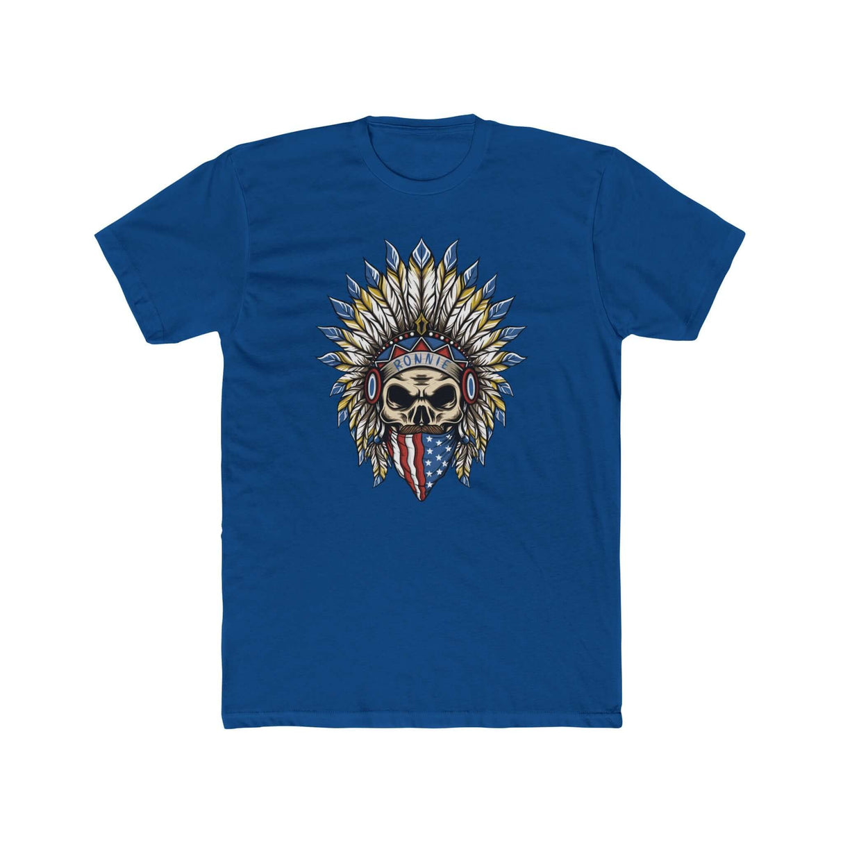 Skeleton Ronnie Mac shirt with American bandana and feathered hat design on blue background, celebrating motocross spirit.