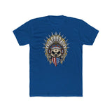 Skeleton Ronnie Mac shirt with American bandana and feathered hat design on blue background, celebrating motocross spirit.