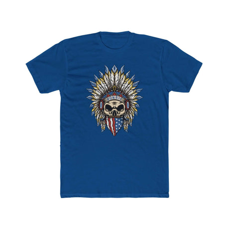 Skeleton Ronnie Mac shirt with American bandana and feathered hat design on blue background, celebrating motocross spirit.