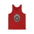 Skeleton Ronnie Mac Head Tank Top with American bandana and feathered hat on red fabric, perfect for motocross enthusiasts.