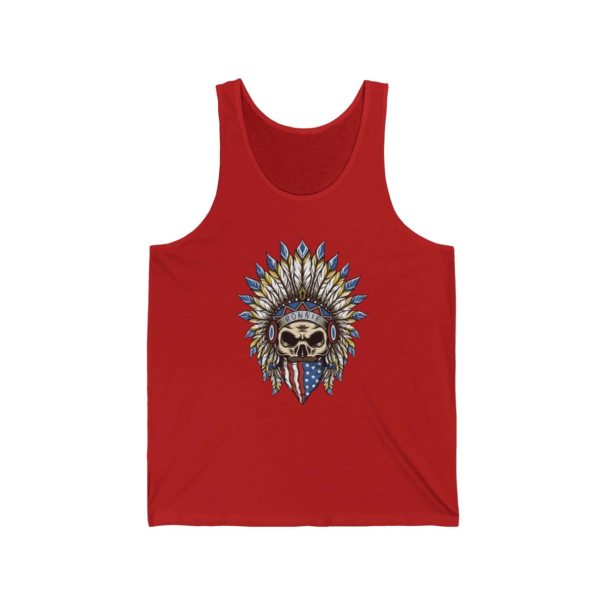 Skeleton Ronnie Mac Head Tank Top with American bandana and feathered hat on red fabric, perfect for motocross enthusiasts.