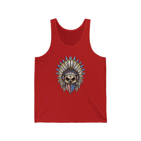 Skeleton Ronnie Mac Head Tank Top with American bandana and feathered hat on red fabric, perfect for motocross enthusiasts.