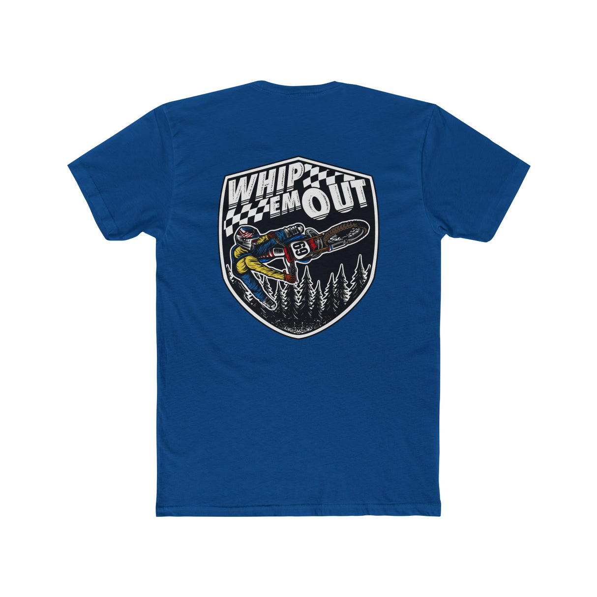 Blue "Whip 'Em Out" shirt featuring Ronnie Mac 69 performing a dirt bike stunt with forest background.