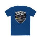 Blue "Whip 'Em Out" shirt featuring Ronnie Mac 69 performing a dirt bike stunt with forest background.