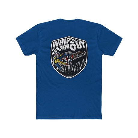 Blue "Whip 'Em Out" shirt featuring Ronnie Mac 69 performing a dirt bike stunt with forest background.